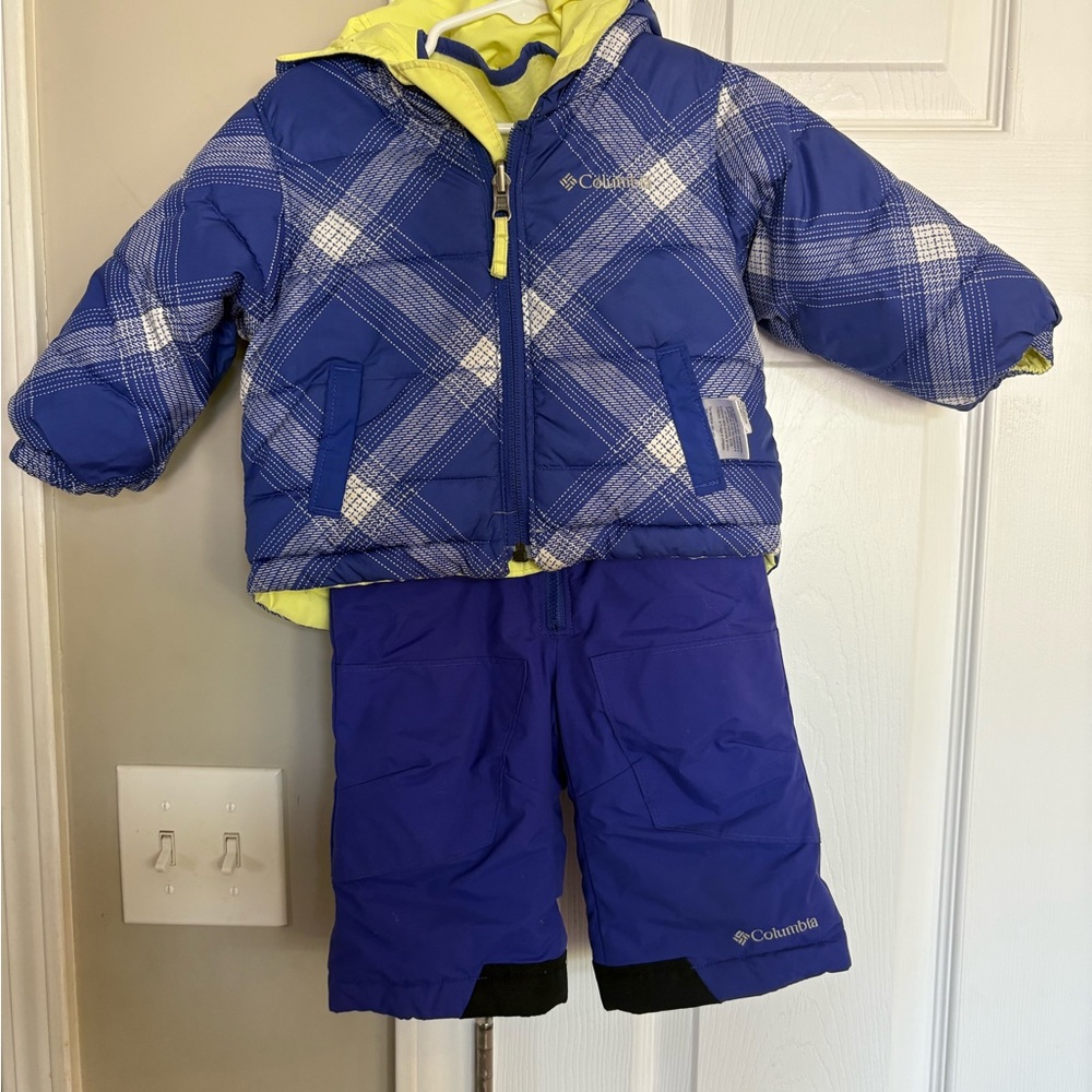 12m. Reversible Columbia Blue and White Plaid Jacket, Yellow Interior Snowsuit
